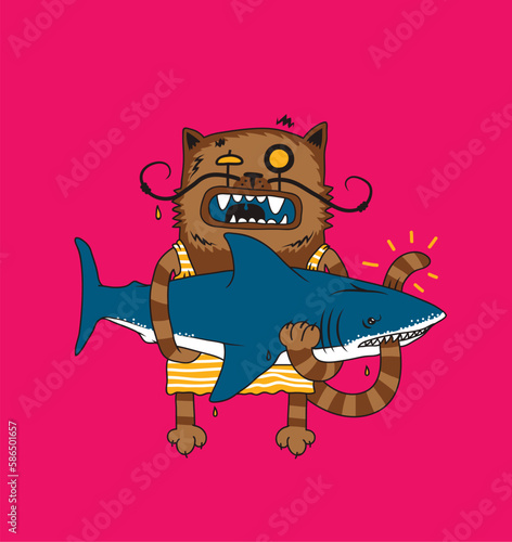 Sailor cat (fisherman) holds a big fish in his hands, Cat and Shark, vector illustration