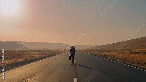 Einsamer Mann geht mit seinem Koffer den Highway entlang, KOffer in der Hand, generative AI
