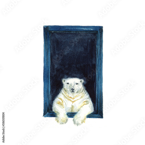 Watercolor drawing White bear looking into the window (ID: 586501804)