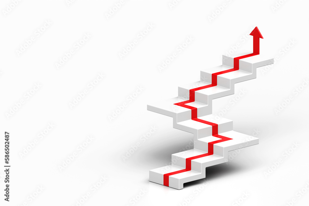 Red arrow following the stairs of growth on white background, 3D arrow climbing up over a staircase , 3d stairs with arrow going upward, 3d rendering