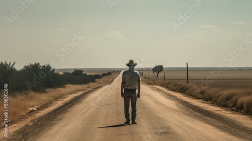 Einsamer Cowboy auf einer staubigen straße in den USa, generative AI © Sönke Hayen
