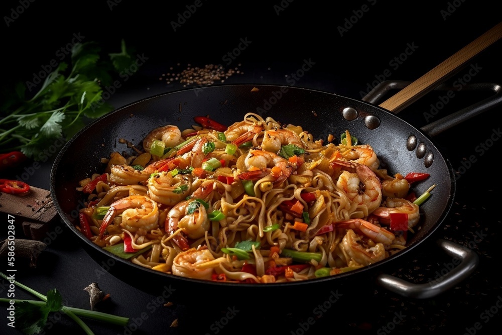 Thai wok with noodles and shrimps, created with generative AI