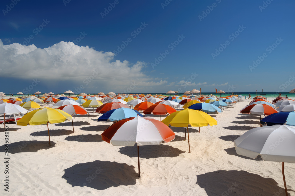 ein Sandstrand mit Sonnenschirmen, KI