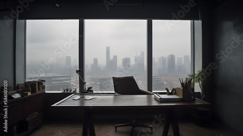 office desk view of the city from the window, generative AI, highrise window