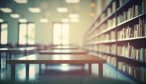 Blurred classroom with bookshelves based on defocussed effect. Abstract blurred empty university library interior space. Use for background or backdrop in bookstore business or education concepts
