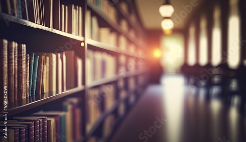 Blurred classroom with bookshelves based on defocussed effect.  Abstract blurred empty university library interior space. Use for background or backdrop in bookstore business or education concepts