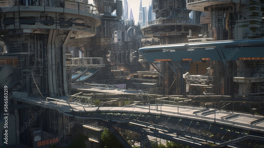 Future city futuristic buildings of unusual shapes. Alien urban architecture skyscrapers. Generative AI
