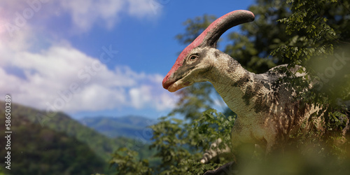 Fototapeta Naklejka Na Ścianę i Meble -  Parasaurolophus,  herbivorous hadrosaurid dinosaur in a beautiful Cretaceous forest landscape
