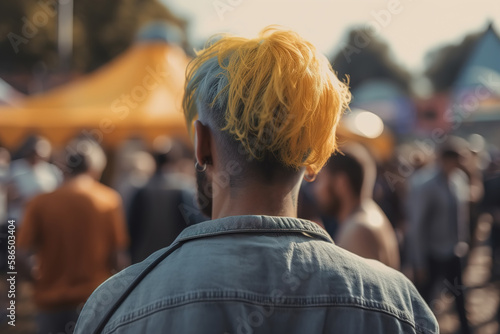 Hipster guy with trendy haircut, dyed hair wearing denim jacket at outdoor festival. Close-up, rear view. Generative AI