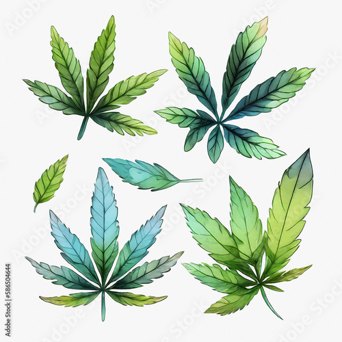 Watercolor botanical cannabis leaves collection. Generative ai.