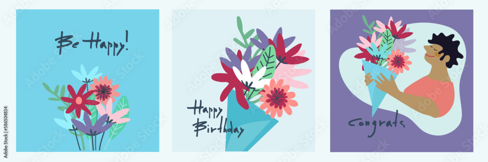 Set of Happy Birthday greeting cards design for IG. Hands with a bouquet of flowers and handwritten signature Happy Birthday on a bright background. Template for IG, web, postcard, social network Set of Happy Birthday greeting cards design for IG. Hands with a bouquet of flowers and handwritten signature Happy Birthday on a bright background. Template for IG, web, postcard, social network