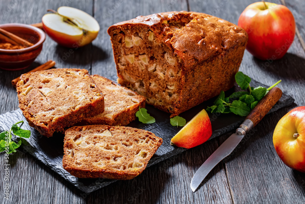 apple cinnamon bread on slate board, top view apple cinnamon bread on slate board, top view