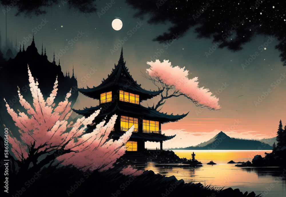 The cherry blossom and temple under night sky The cherry blossom and temple under night sky