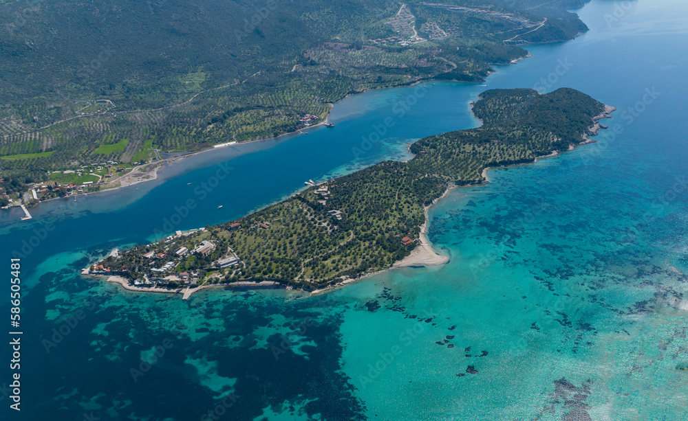 Pen - Kalem Island view with aerial drone. Dikili - Izmir - Turkey Pen - Kalem Island view with aerial drone. Dikili - Izmir - Turkey