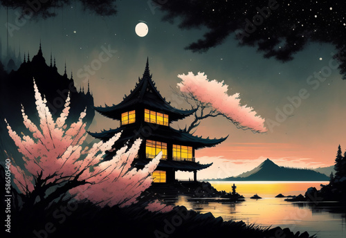The cherry blossom and temple under night sky