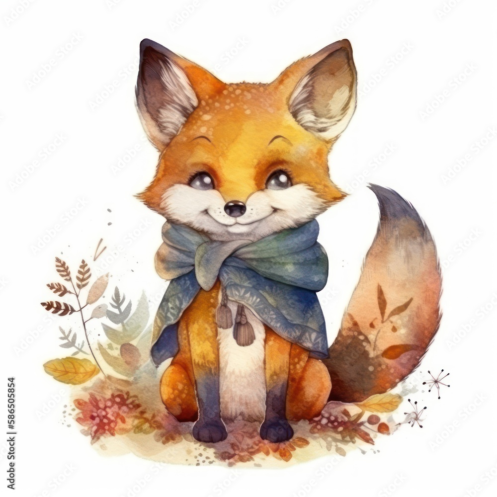Fototapeta premium Cute cartoon fox baby watercolor. kawaii. digital art. concept art. isolated on a white background. Beautiful cute baby animals on a white background for nursery poster decoration. Design for a child