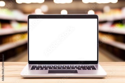 Blank laptop display on wooden table and blurred supermarket background. Generative ai.
