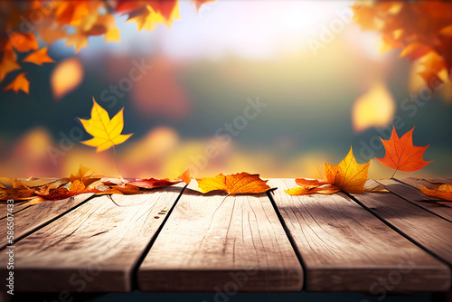 Empty wooden table for product placement with leaves and blurred autumn background. Generative ai.