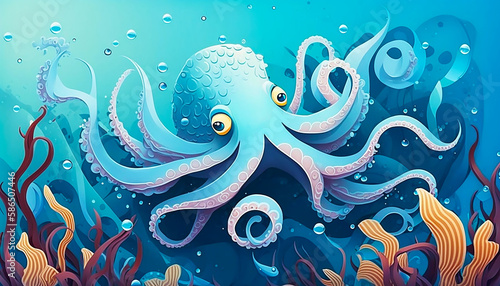 Squid and octopus in a lovely sea world , generative AI