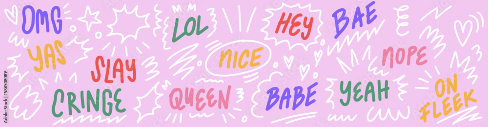 Fototapeta premium Girl power lettering collection, trendy vector doodle style 