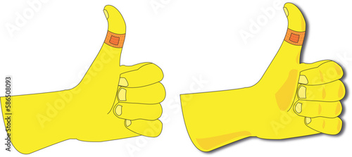Vettoriale a colori di un pollice all'insù, colore giallo predominante, con cerotto arancione, per ferita, con e senza ombre esterne e interne