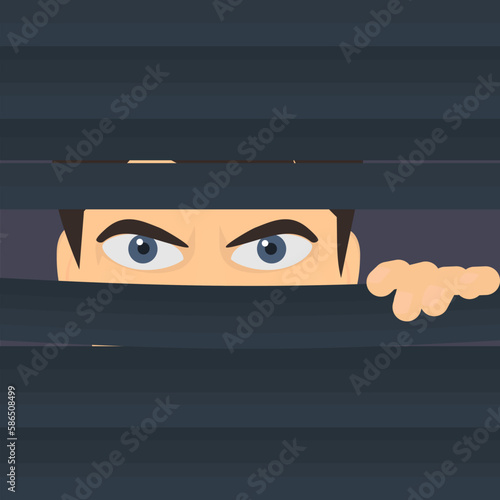 Man is spying. Suspicious person looks out from behind the blinds, vector illustration