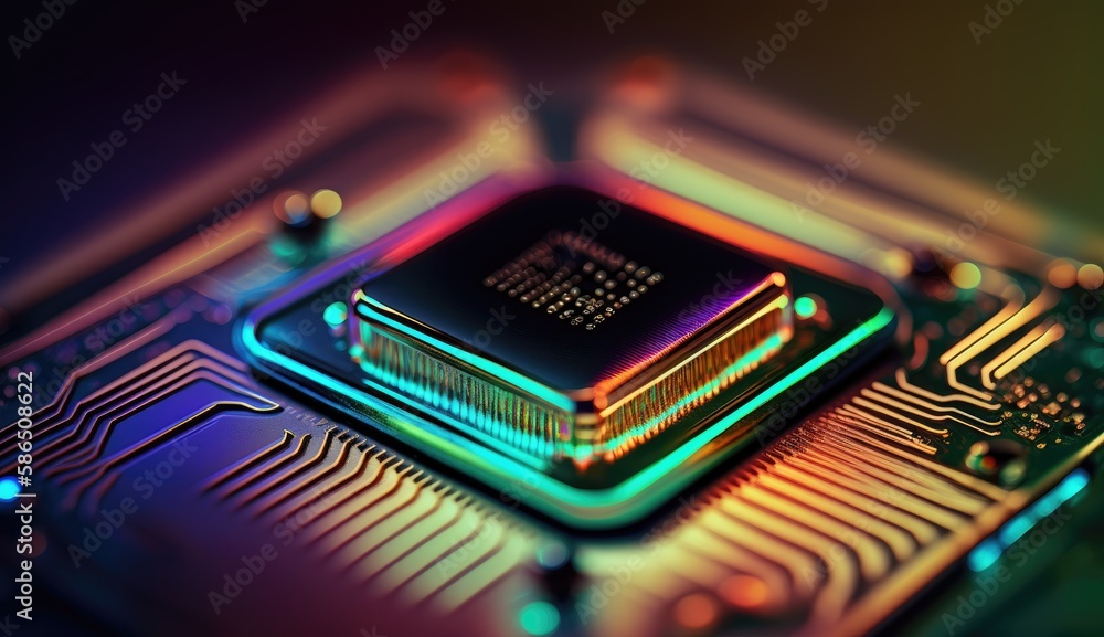 Microchip, surface zoom in computer chip technology, neon light lines, IT, macro photography Microchip, surface zoom in computer chip technology, neon light lines, IT, macro photography
