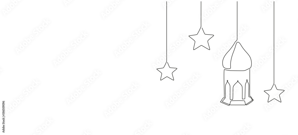 One continuous line drawing of Ramadan kareem. Islamic decoration with lanter and star in simple linear style. Arabic religious holiday celebration. Editable stroke. Doodle vector illustration One continuous line drawing of Ramadan kareem. Islamic decoration with lanter and star in simple linear style. Arabic religious holiday celebration. Editable stroke. Doodle vector illustration