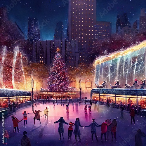 Tela Christmas ice rink in the center of New York on Christmas night, created with ge