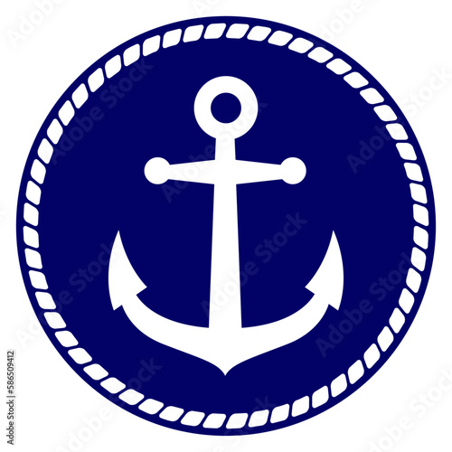 Logo nautical. Silueta de ancla de barco en pegatina circular con marco de cuerda