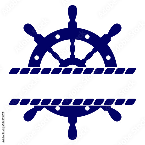Logo nautical. Banner con silueta de timón de barco con marco de cuerda con espacio negativo