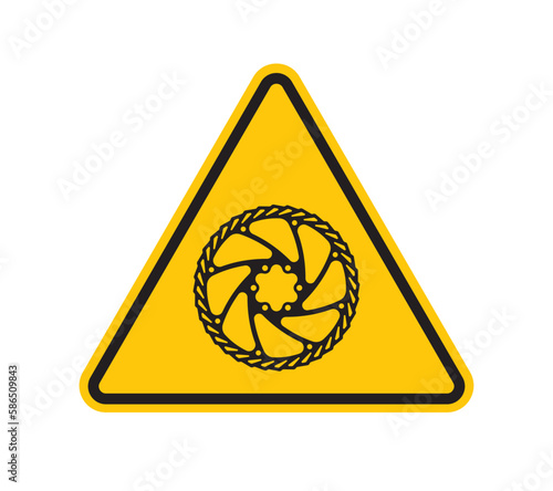 Vector yellow triangle sign - black silhouette disc brake. Isolated on white background.