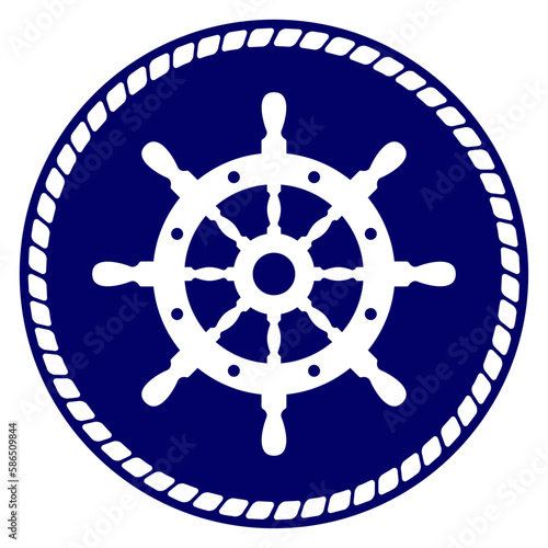 Logo nautical. Silueta de timón de barco en pegatina circular con marco de cuerda