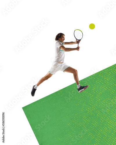 Young man in white uniform playing tennis against abstract background. Active hobby. Contemporary art collage. Concept of sport, competition, action and motion, lifestyle. Creative design © master1305