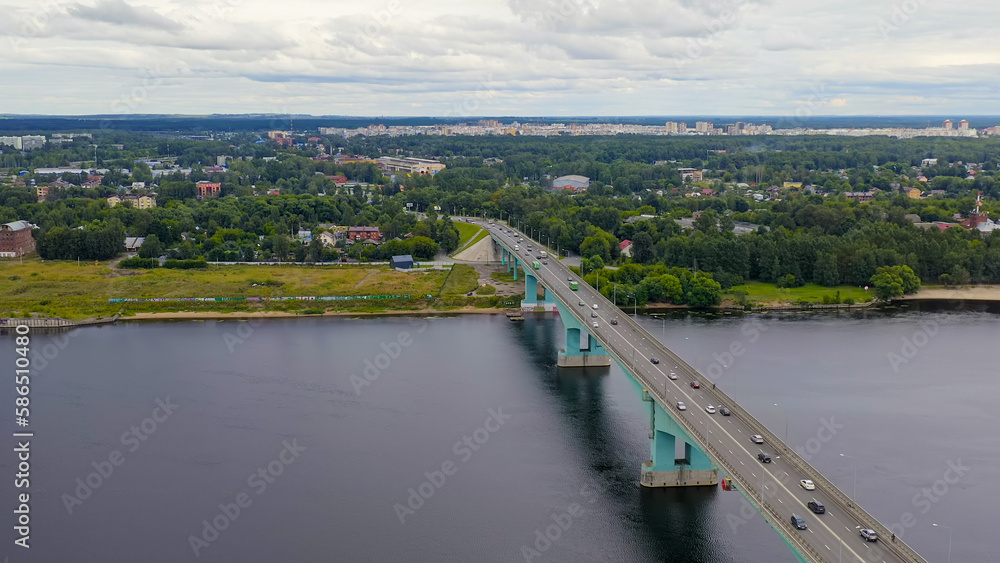Russia, Yaroslavl - August 13, 2020: October bridge across the Volga river, Aerial View