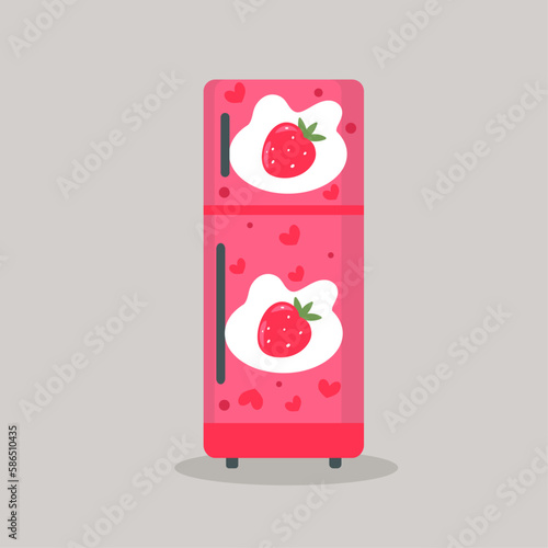  Illustration Flat Design Refrigerator with Pattern Strawberry,Love 