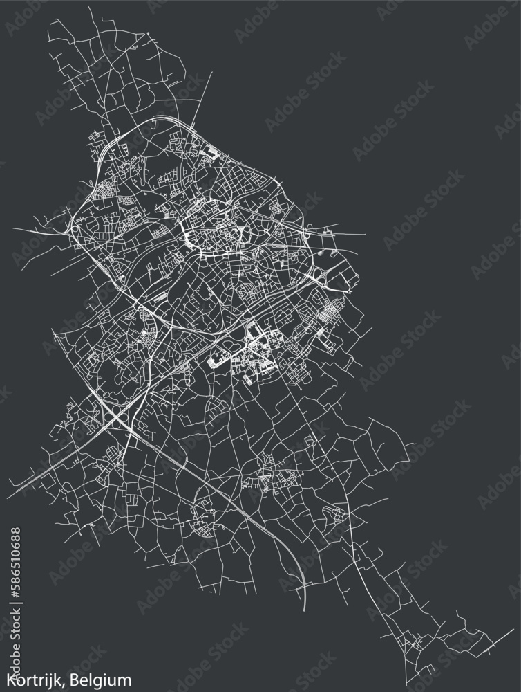 Detailed hand-drawn navigational urban street roads map of the Belgian city of KORTRIJK, BELGIUM with solid road lines and name tag on vintage background