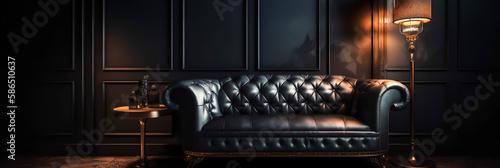 luxure lifestyle concept, a confort dark armchair in horizontal layout banner with copy space, generative ai