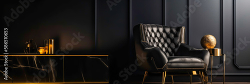 luxure lifestyle concept, a confort dark armchair in horizontal layout banner with copy space, generative ai photo