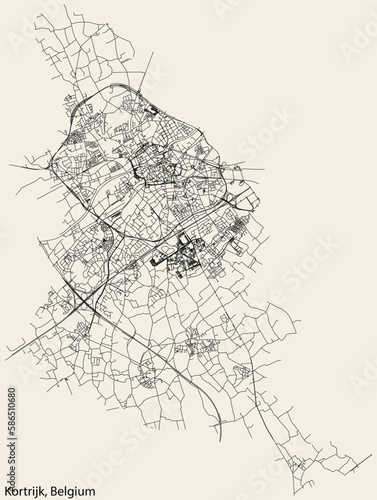 Detailed hand-drawn navigational urban street roads map of the Belgian city of KORTRIJK, BELGIUM with solid road lines and name tag on vintage background