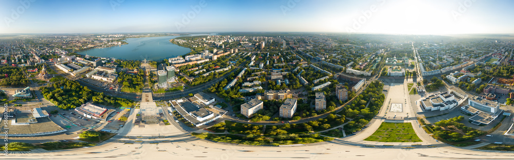 Russia, Izhevsk. Central Square. Izhevsk pond. Panorama 360. Aerial view