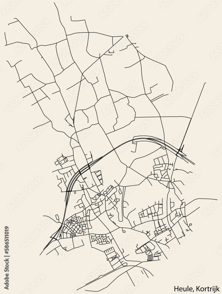 Detailed hand-drawn navigational urban street roads map of the HEULE MUNICIPALITY of the Belgian city of KORTRIJK, Belgium with vivid road lines and name tag on solid background
