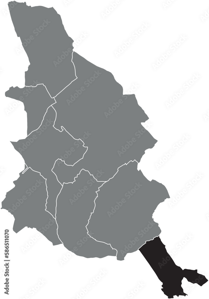 Black flat blank highlighted location map of the KOOIGEM MUNICIPALITY inside gray administrative map of KORTRIJK, Belgium