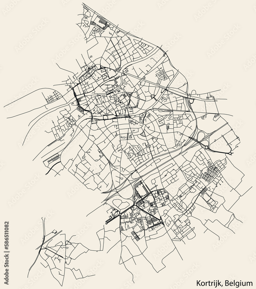 Detailed hand-drawn navigational urban street roads map of the KORTRIJK MUNICIPALITY of the Belgian city of KORTRIJK, Belgium with vivid road lines and name tag on solid background