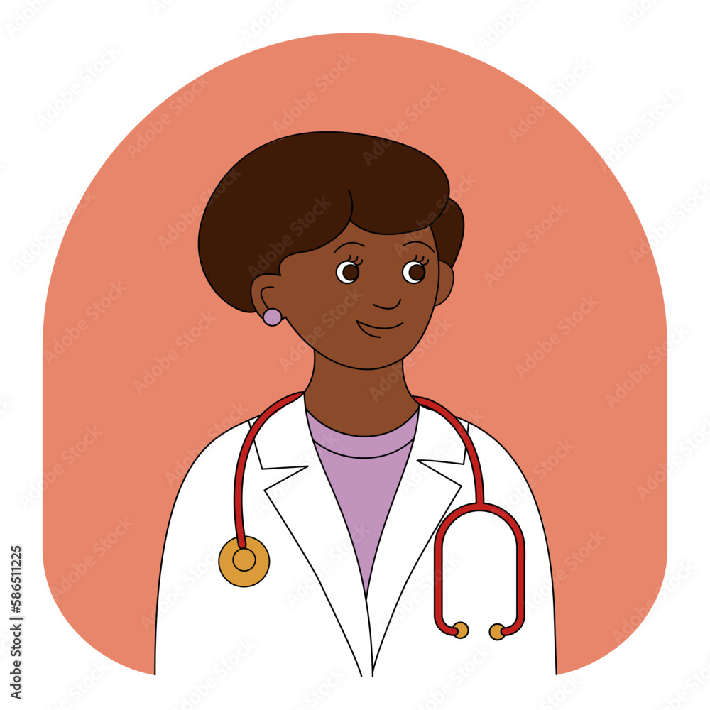 Fototapeta premium Woman doctor. Portrait of a young dark-skinned woman in a medical gown and with a stethoscope. Vector color illustration.