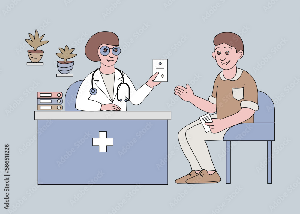 Reception at the doctor. A woman doctor advises a young man - a patient, gives him a prescription. Vector color illustration.