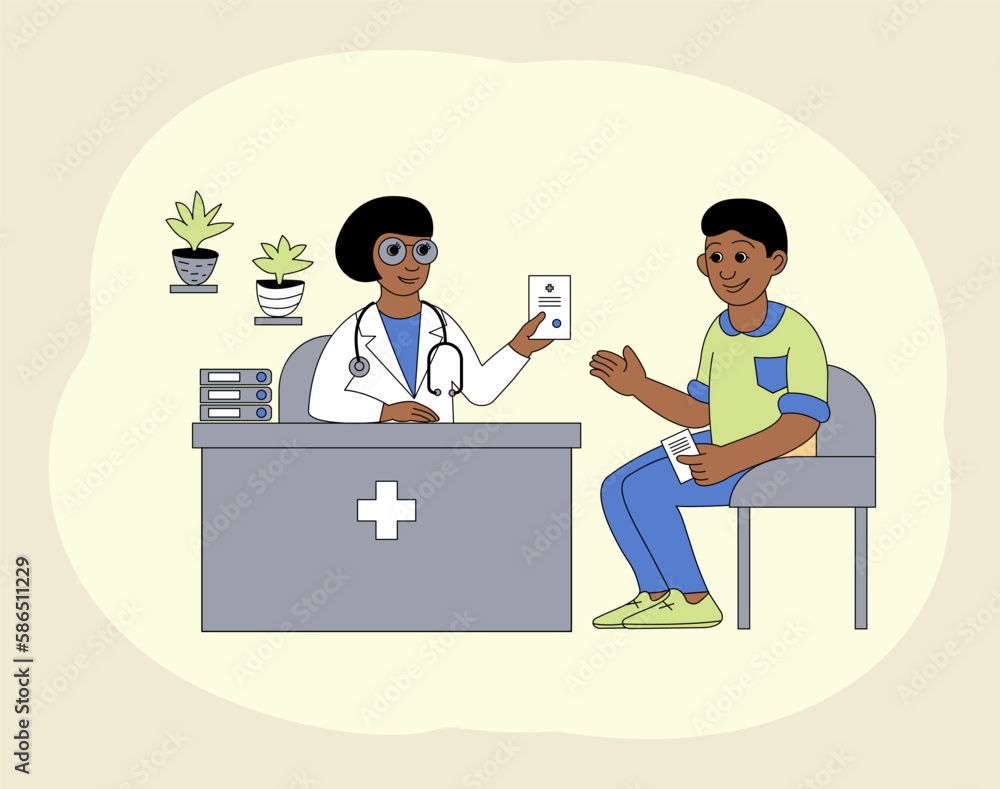 Reception at the doctor. A black woman doctor consults a black young man who has a medical prescription in his hands. Vector color illustration.