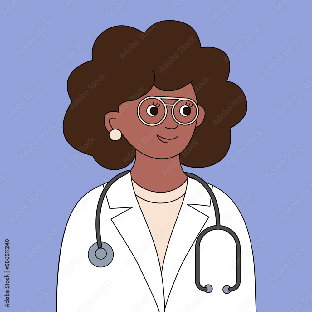 Woman doctor. Portrait of a young dark-skinned woman in glasses, in a medical gown and with a phonendoscope. Vector color illustration.