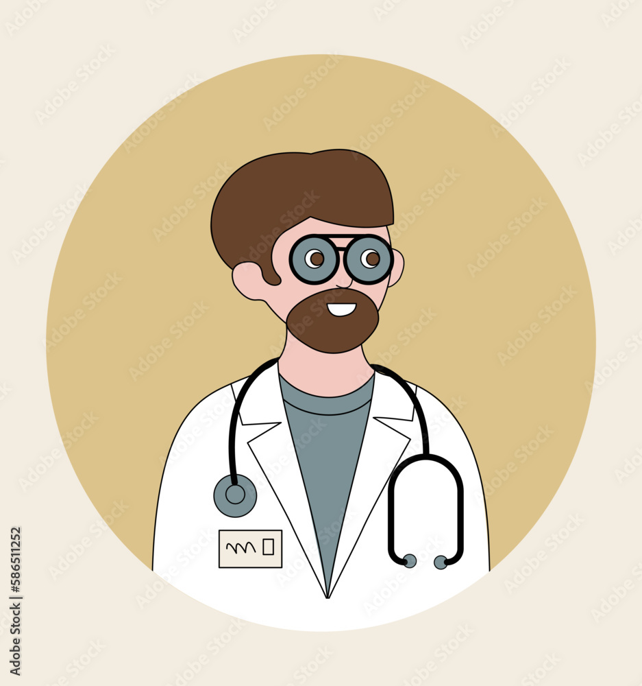 Doctor man. Portrait of a man in a medical gown and glasses, with a stethoscope around his neck. Vector color illustration.