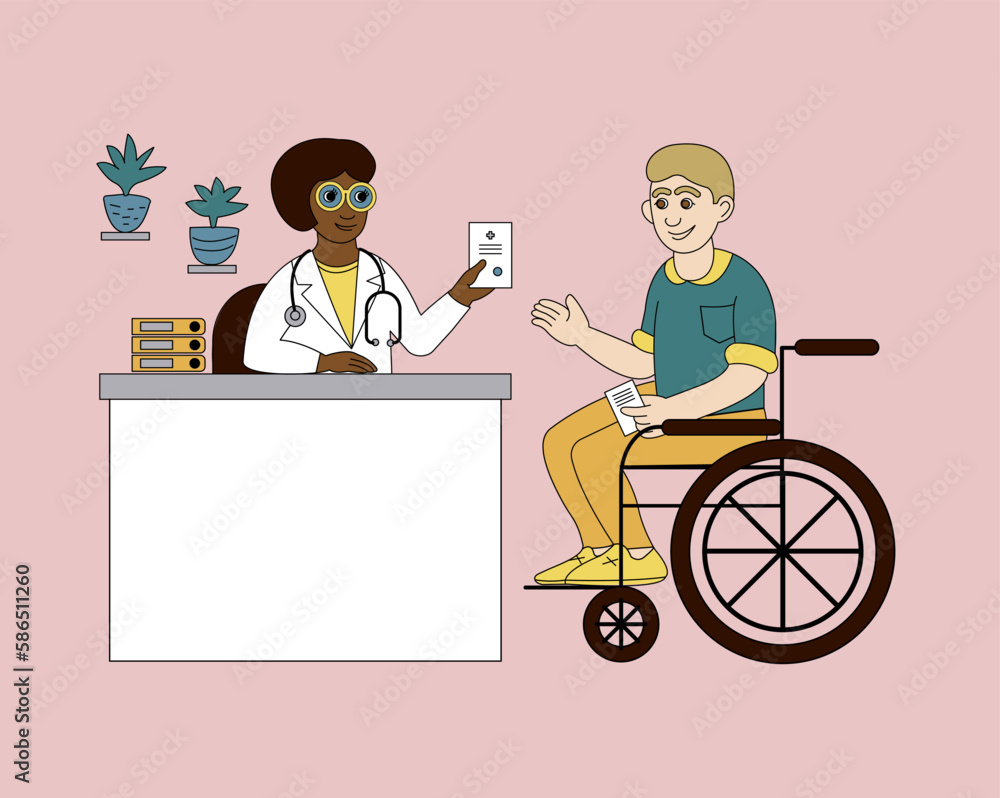 Reception at the doctor. A black female doctor is issuing a medical certificate to a man in a wheelchair holding a medical prescription. Vector color illustration. Reception at the doctor. A black female doctor is issuing a medical certificate to a man in a wheelchair holding a medical prescription. Vector color illustration.